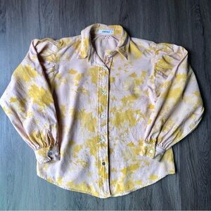 Self Contrast Blouse Women’s XS Pink Yellow Linen Blend Puff Sleeve Button Shirt